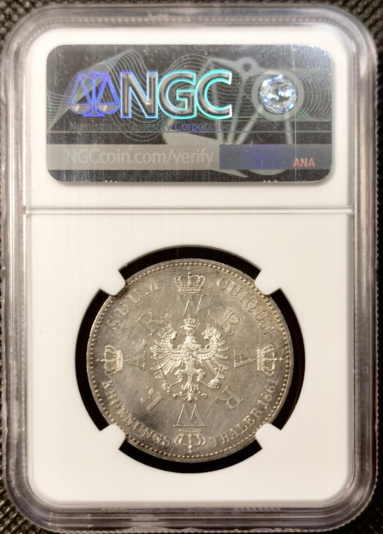 甄臻铺-世界币章拍卖（第39期）送拍享返佣金等优惠多多 NGC-UNCD 1861A德国普鲁士泰勒 威廉皇帝奥古斯塔皇后结婚纪念 底板有镜面效果 毛衣和皇冠很有特色