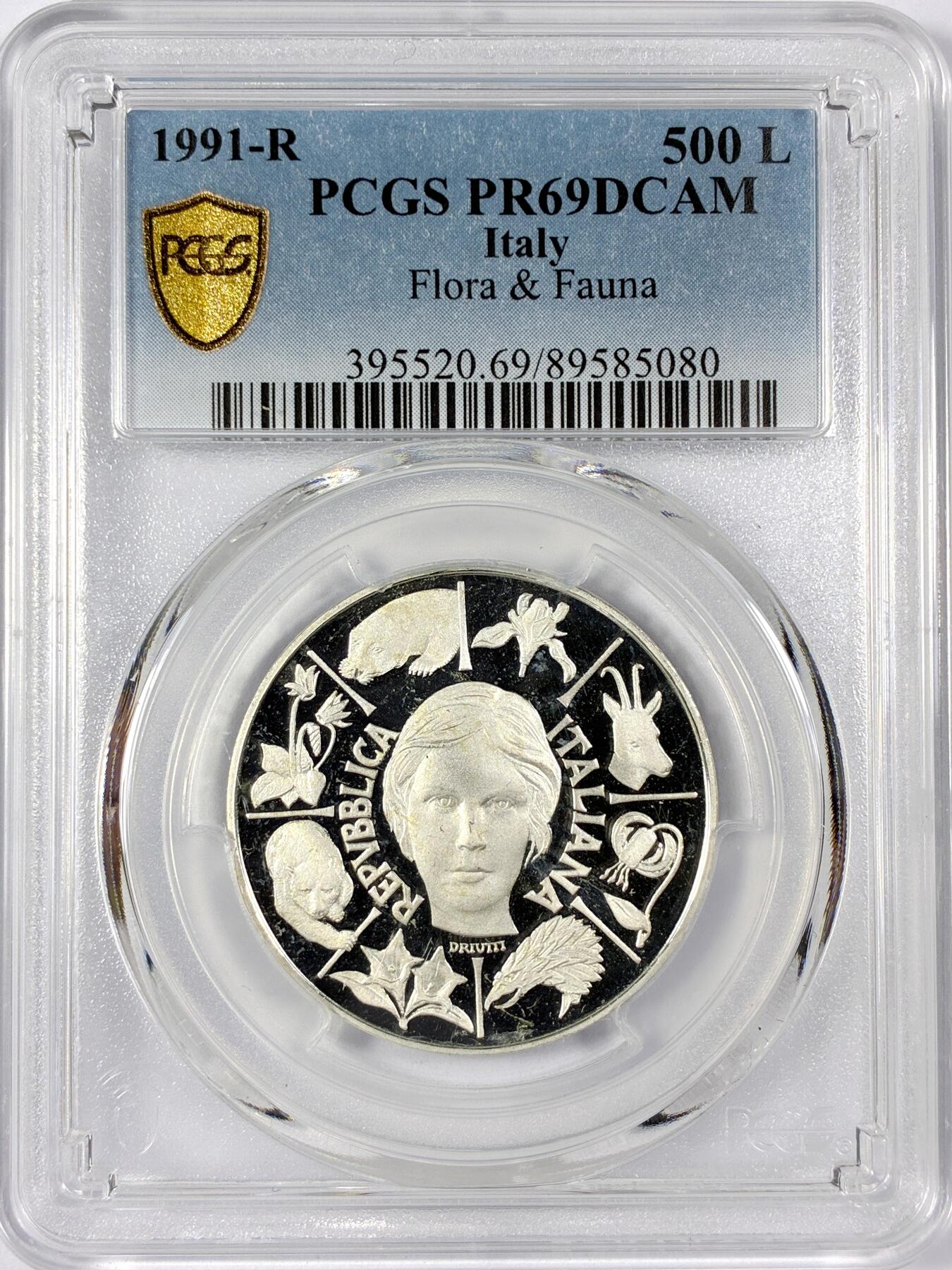 【雨安】【世界币章114期】2025-11-15 周六 19:30 保真 8秒倒数自动落锤 高效拍卖 [评级现代] Italy 意大利 500里拉 1991年 动物和植物 PCGS-PR69DCAM