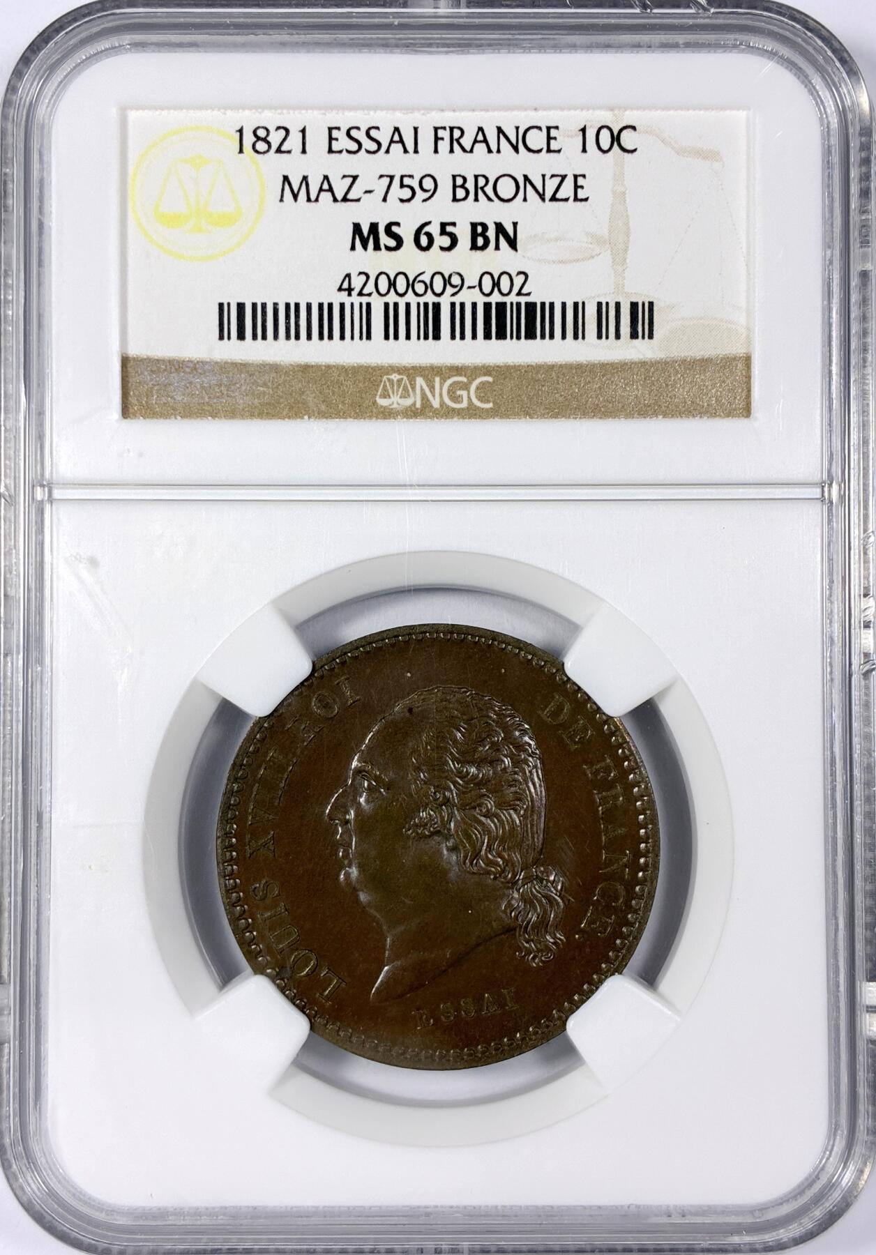 【雨安】【世界币章114期】2025-11-15 周六 19:30 保真 8秒倒数自动落锤 高效拍卖 [评级法国] France 法国 样币 Maz0759 路易十八 10分 1821年 铜样 NGC-MS65 难得的高分