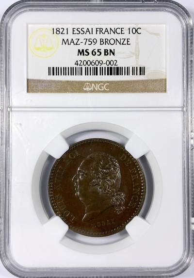 【雨安】【世界币章114期】2025-11-15 周六 19:30 保真 8秒倒数自动落锤 高效拍卖 - [评级法国] France 法国 样币 Maz0759 路易十八 10分 1821年 铜样 NGC-MS65 难得的高分