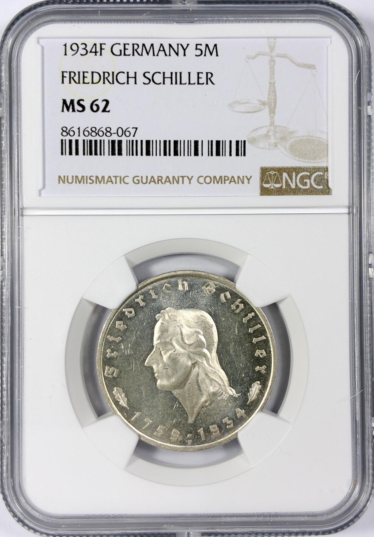 【雨安】【世界币章114期】2025-11-15 周六 19:30 保真 8秒倒数自动落锤 高效拍卖 [评级德国] Germany 德国 第三帝国 5马克 KM#0085 (1934) 席勒 1934年 NGC-MS62