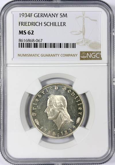 【雨安】【世界币章114期】2025-11-15 周六 19:30 保真 8秒倒数自动落锤 高效拍卖 - [评级德国] Germany 德国 第三帝国 5马克 KM#0085 (1934) 席勒 1934年 NGC-MS62