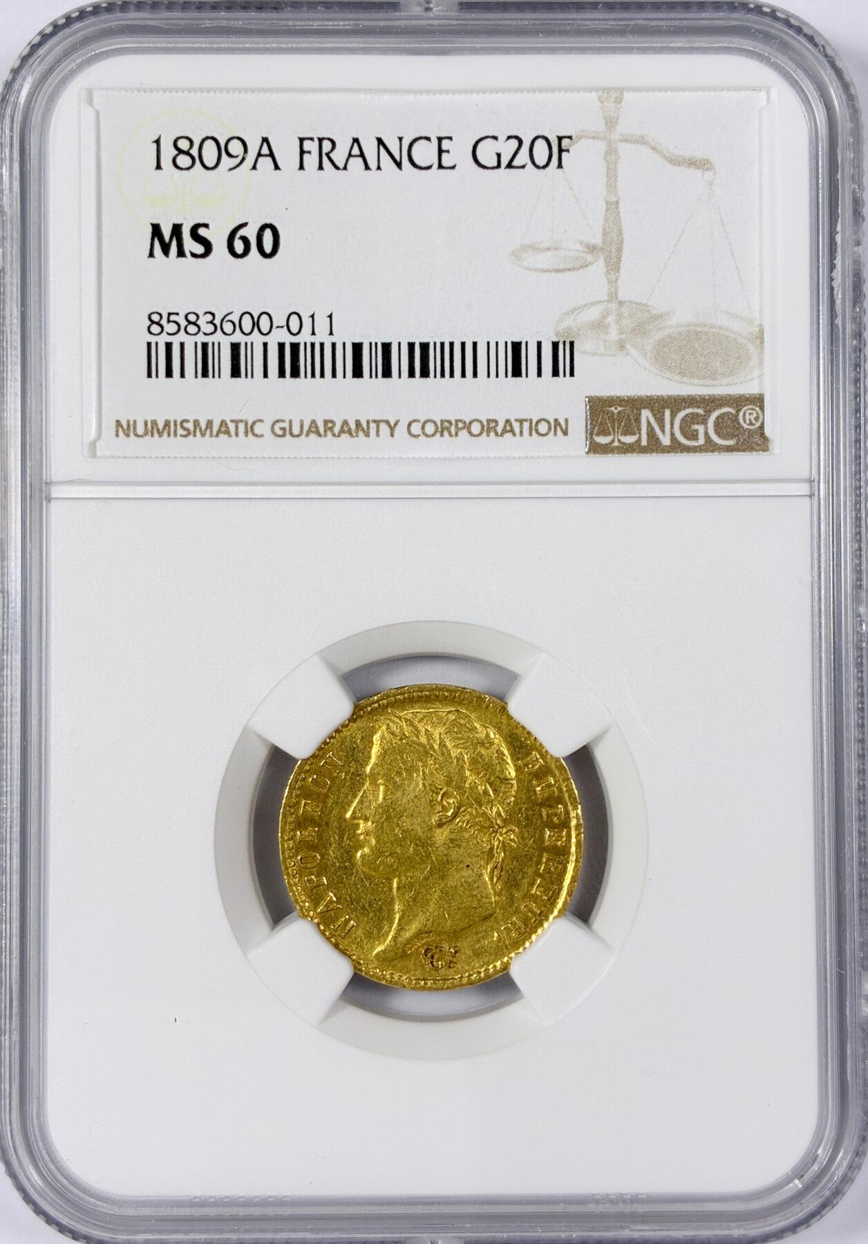 【雨安】【世界币章114期】2025-11-15 周六 19:30 保真 8秒倒数自动落锤 高效拍卖 [金币] France 法国 20法郎 1809年 拿破仑一世 NGC-MS60