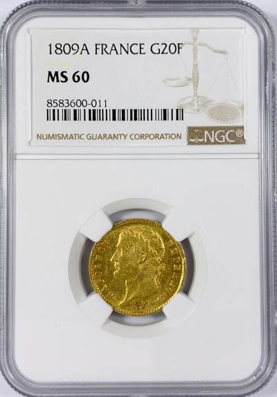 【雨安】【世界币章114期】2025-11-15 周六 19:30 保真 8秒倒数自动落锤 高效拍卖 - [金币] France 法国 20法郎 1809年 拿破仑一世 NGC-MS60