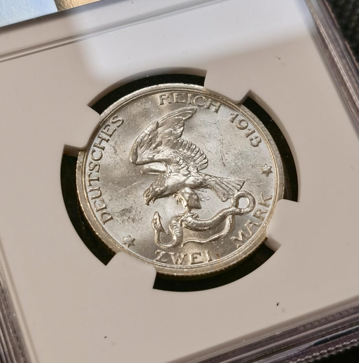 甄臻铺-世界币章拍卖（第39期）送拍享返佣金等优惠多多 NGC-MS62 1913年德国普鲁士拿破仑战役胜利2马克 状态极佳 绝对低评