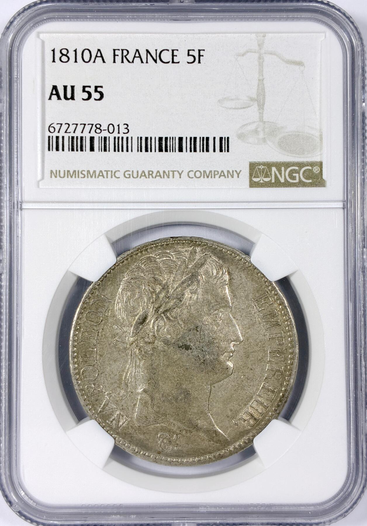 【雨安】【世界币章114期】2025-11-15 周六 19:30 保真 8秒倒数自动落锤 高效拍卖 [评级法国] France 法国 5法郎 KM#0694 (1809-1814) 拿破仑一世 1810年 NGC-AU55