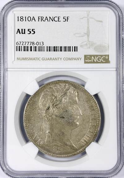 【雨安】【世界币章114期】2025-11-15 周六 19:30 保真 8秒倒数自动落锤 高效拍卖 - [评级法国] France 法国 5法郎 KM#0694 (1809-1814) 拿破仑一世 1810年 NGC-AU55