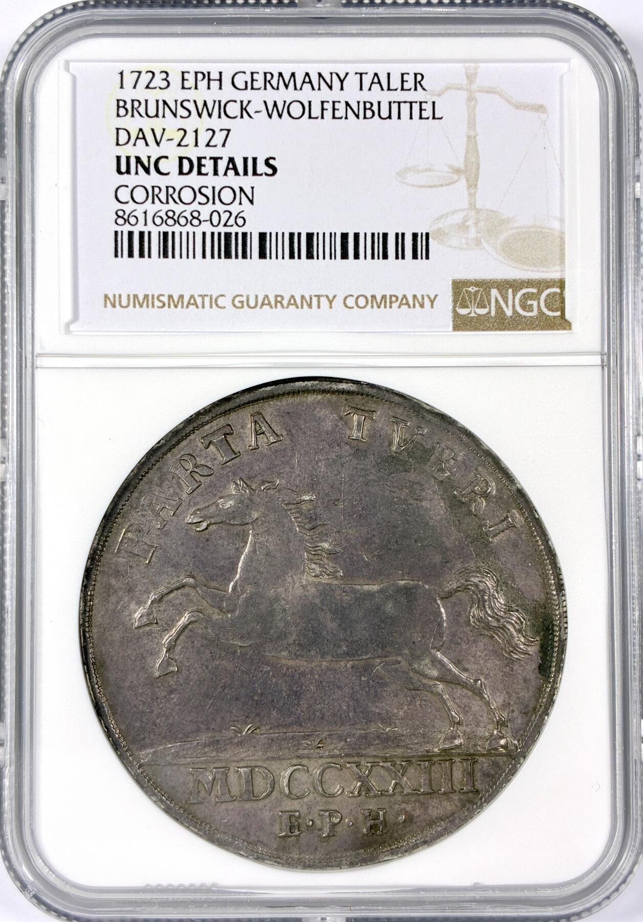 【雨安】【世界币章114期】2025-11-15 周六 19:30 保真 8秒倒数自动落锤 高效拍卖 [评级德国] Germany 德国 德意志 1泰勒 Braunschweig-Wolfenbuttel不伦瑞克 KM#0758 (1716-1730) 奔马 1723年 NGC-UNC 原味欧洲老包浆 UNC深打 品相异常难得