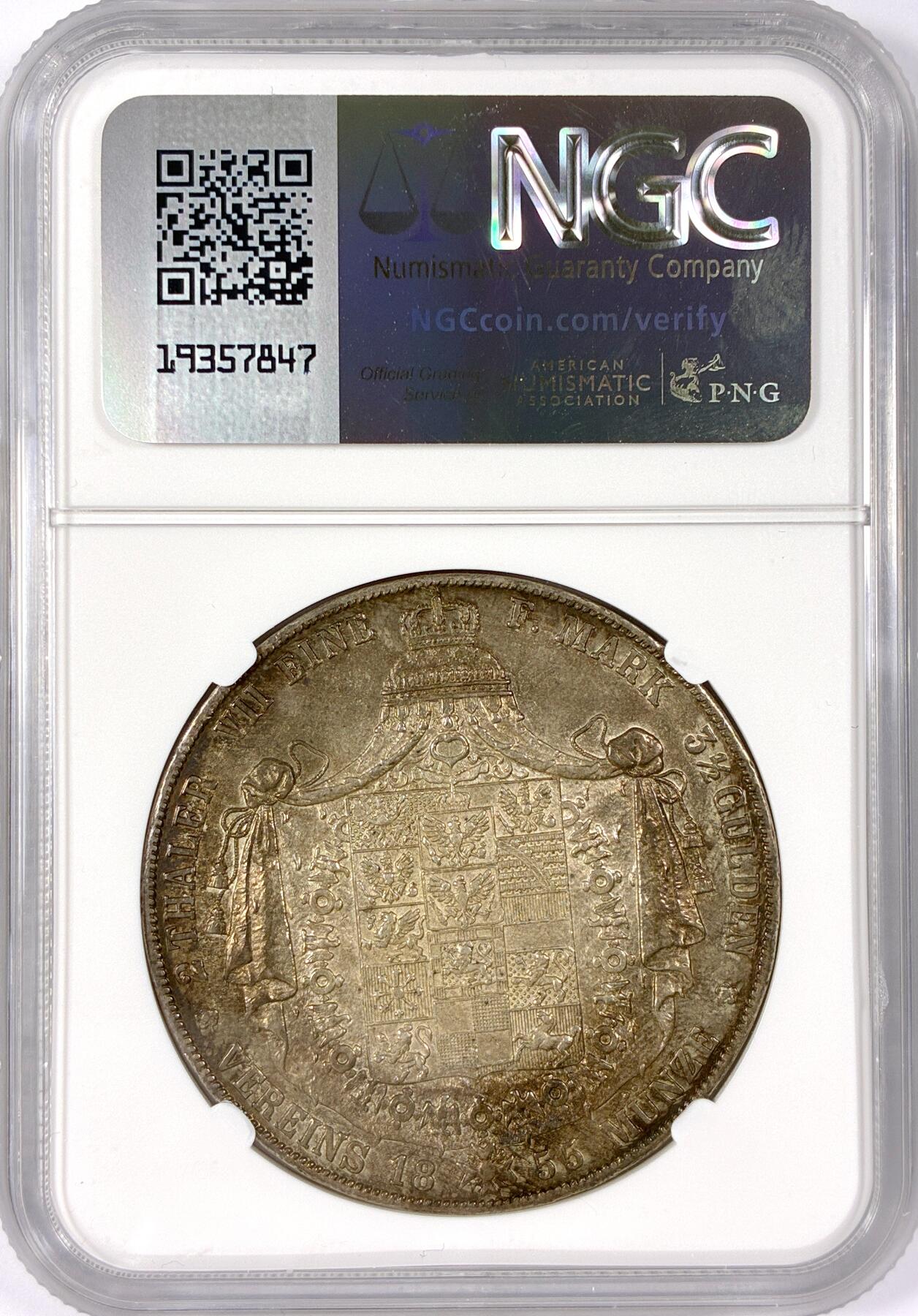 【雨安】【世界币章114期】2025-11-15 周六 19:30 保真 8秒倒数自动落锤 高效拍卖 [评级德国] Germany 德国 德意志 2泰勒 Prussia普鲁士 Thun.259 KM#0467 (1853-1856) 腓特烈·威廉四世.洋葱头 1855年 NGC-AU55