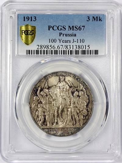 【雨安】【世界币章114期】2025-11-15 周六 19:30 保真 8秒倒数自动落锤 高效拍卖 - [评级德国] Germany 德国 帝国 普鲁士 3马克 (1913) 普法战争 1913年 PCGS-MS67