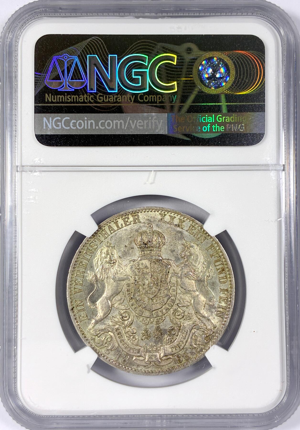 【雨安】【世界币章114期】2025-11-15 周六 19:30 保真 8秒倒数自动落锤 高效拍卖 [评级德国] Germany 德国 德意志 1泰勒 Hannover汉诺威 Thun.174 KM#0230 格奥尔格五世.狮马 1866年 NGC-MS61