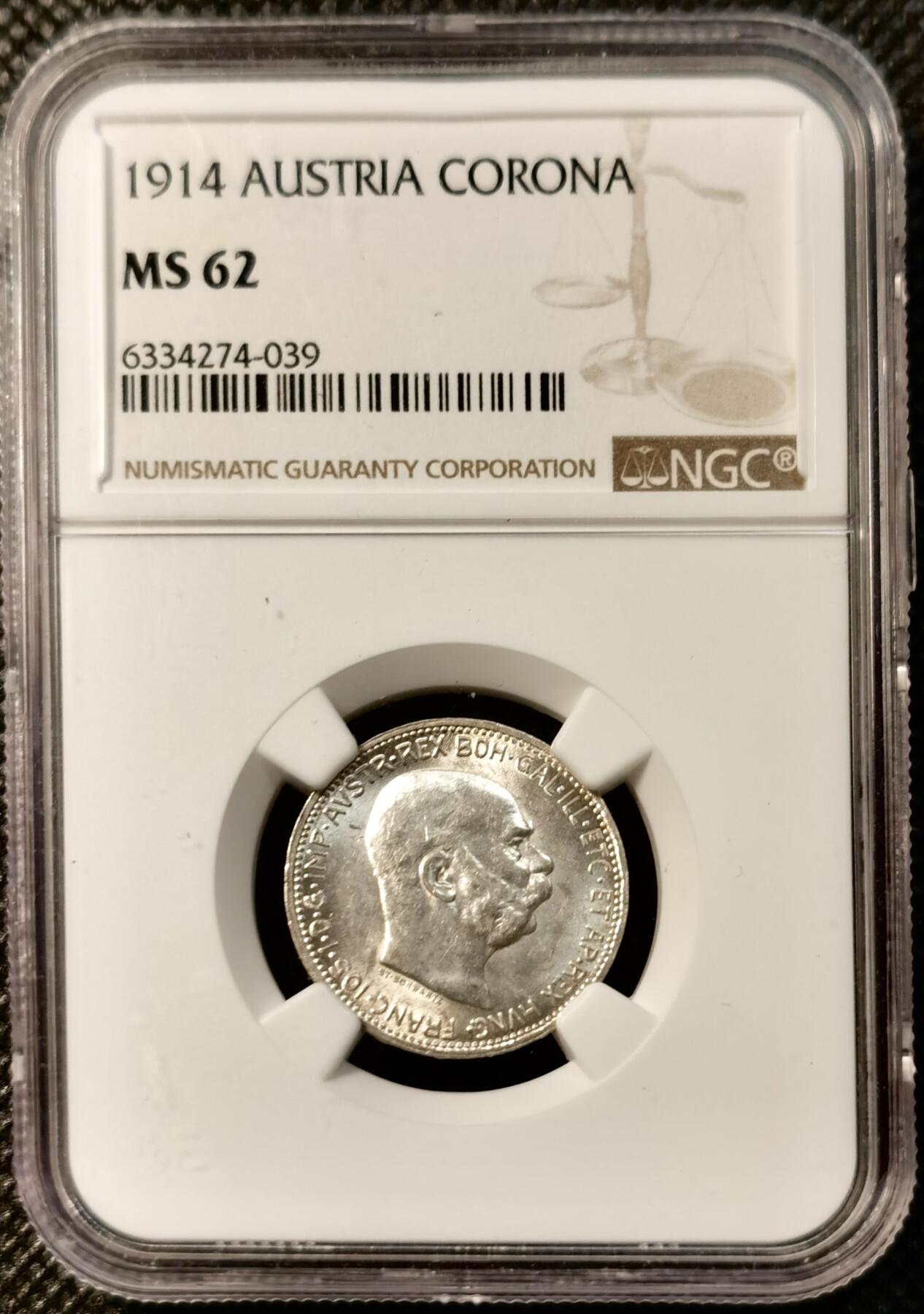 甄臻铺-世界币章拍卖（第39期）送拍享返佣金等优惠多多 NGC-MS62 奥匈帝国1914年1克朗银币 车轮转光