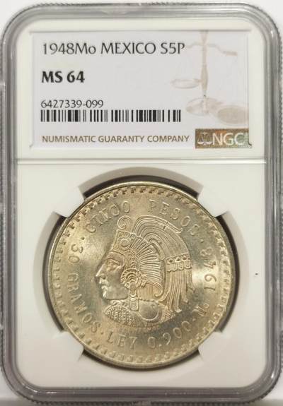 博洋堂世界钱币拍卖第146期（全场包邮） - NGC MS64 墨西哥1948年玛雅酋长5比索鹰洋银币，原汁原味黄油彩老包浆，包浆醇厚，状态极佳。
