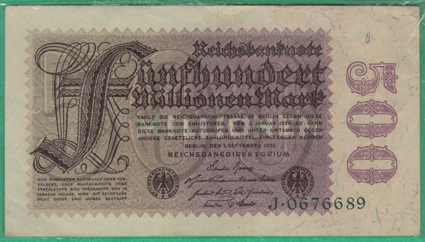 德国1923年5亿(500000000)马克 P-110b 花卉水印 右侧500朝内 无4 实物图 AUNC 