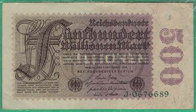 德国1923年5亿(500000000)马克 P-110b 花卉水印 右侧500朝内 无4 实物图 AUNC  - 德国1923年5亿(500000000)马克 P-110b 花卉水印 右侧500朝内 无4 实物图 AUNC 