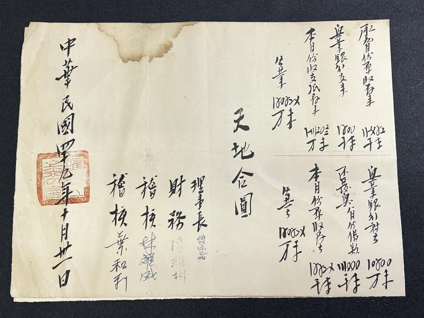 西秦中古拍卖第六十五期 华侨纸品【暹罗五金工会系列4】五金工会十月份收支月结表