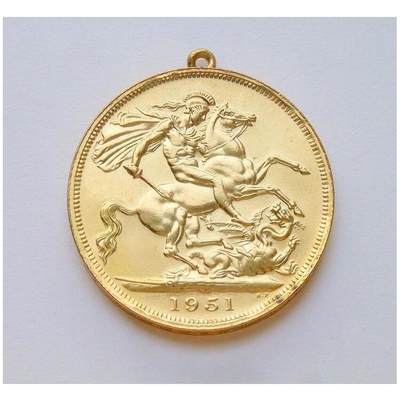 英国1951年 乔治六世屠龙马剑 镀金高浮雕精制币章吊坠 40MM - 英国1951年 乔治六世屠龙马剑 镀金高浮雕精制币章吊坠 40MM