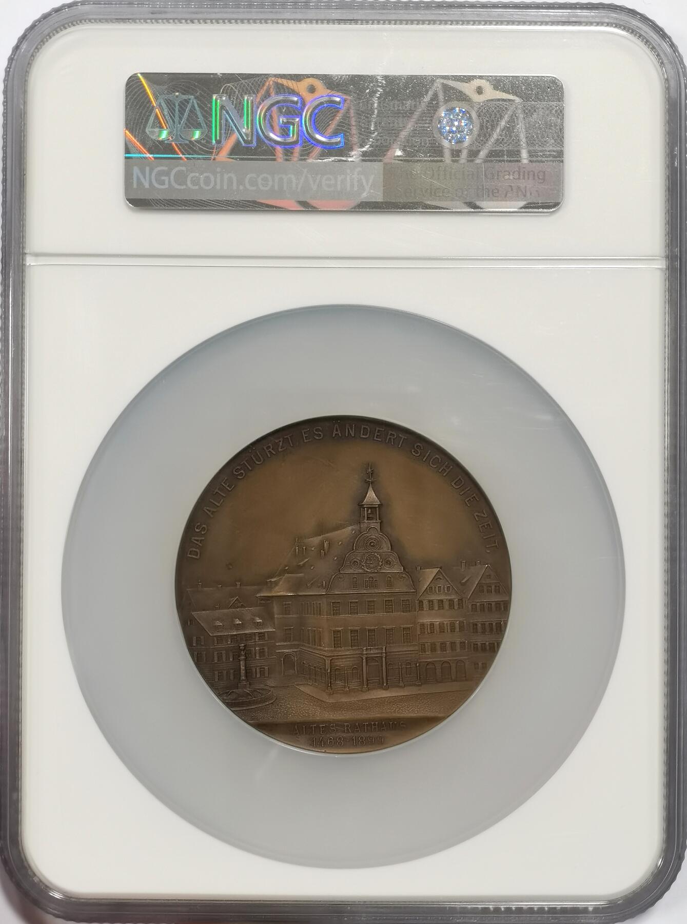 博洋堂世界钱币拍卖第146期（全场包邮） NGC MS63 德国1905年斯图加特市镇中心建成纪念大铜章，60mm巨大款，背面是城镇风景图，硬核的德系风景大章！