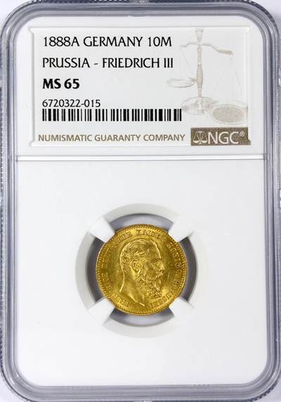 【雨安】【世界币章114期】2025-11-15 周六 19:30 保真 8秒倒数自动落锤 高效拍卖 - [金币] Germany 德国 普鲁士 10马克 1888年 三皇 NGC-MS65