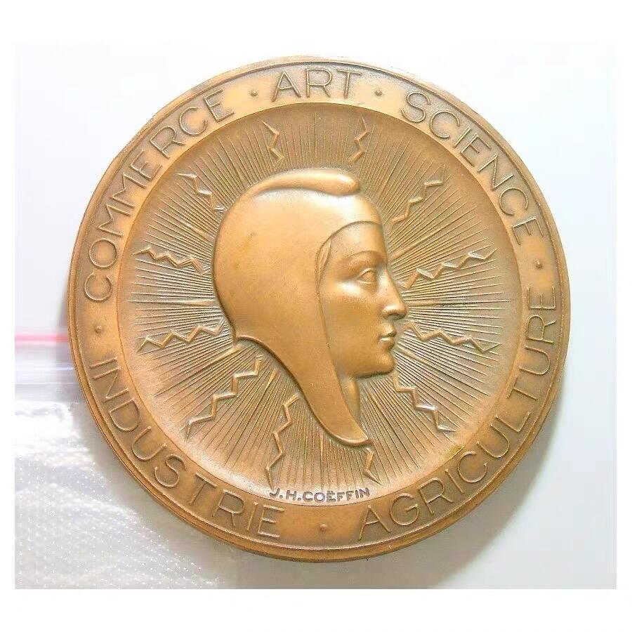 【艺术】法国艺术大章1900年前后 女神头像+西半球地球仪 高浮雕精制超大铜章 78MM 181克