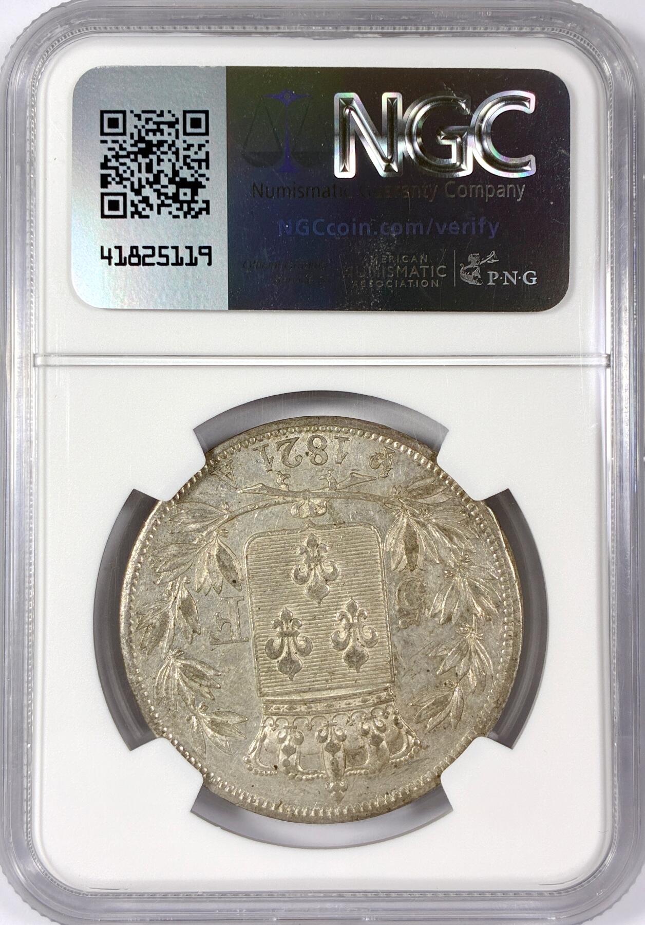 【雨安】【世界币章114期】2025-11-15 周六 19:30 保真 8秒倒数自动落锤 高效拍卖 [评级法国] France 法国 5法郎 KM#0711 (1816-1824) 路易十八 1821年 NGC-AU55