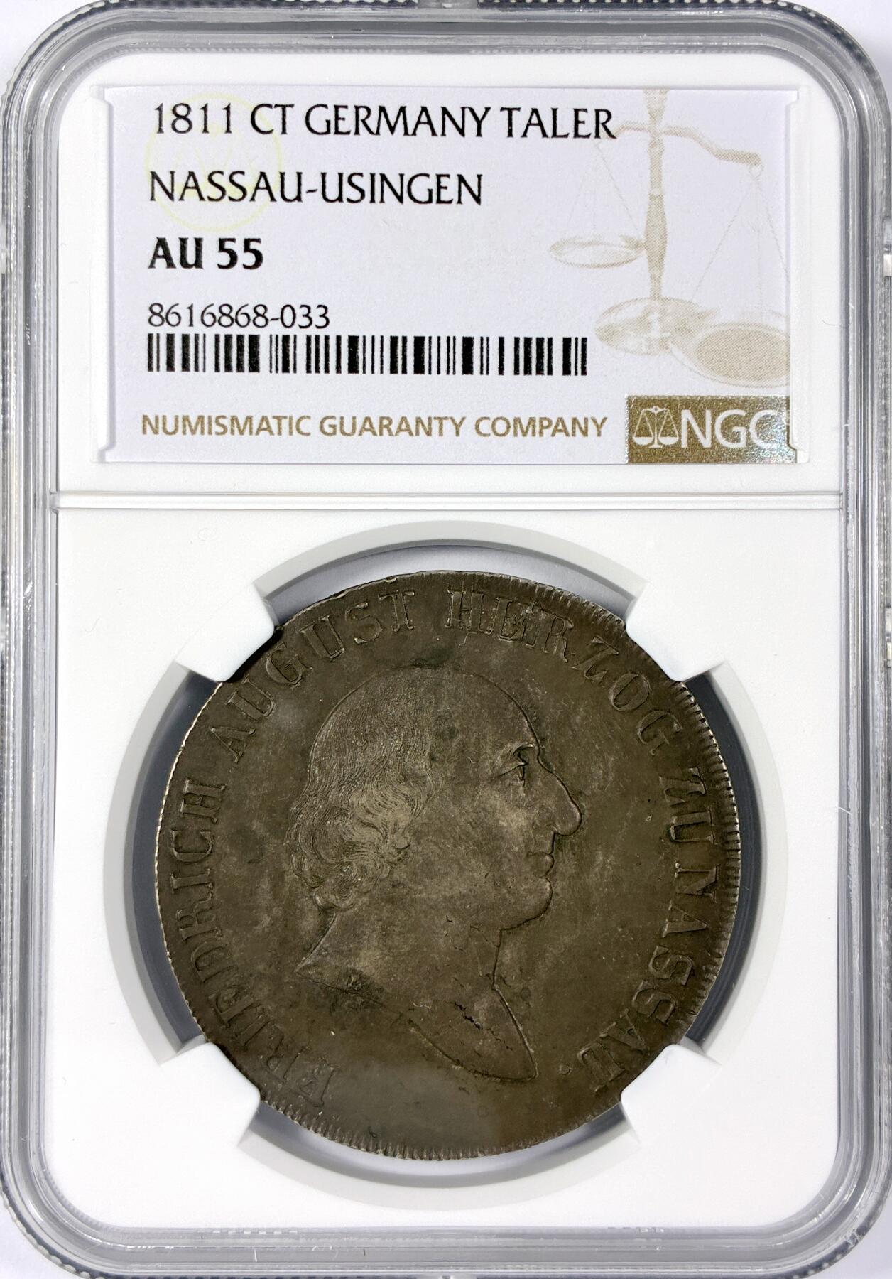 【雨安】【世界币章114期】2025-11-15 周六 19:30 保真 8秒倒数自动落锤 高效拍卖 [评级德国] Germany 德国 德意志 1泰勒 Nassau-Usingen拿骚 Thun.220 KM#0006 (1810-1815) 1811年 NGC-AU55
