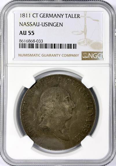 【雨安】【世界币章114期】2025-11-15 周六 19:30 保真 8秒倒数自动落锤 高效拍卖 - [评级德国] Germany 德国 德意志 1泰勒 Nassau-Usingen拿骚 Thun.220 KM#0006 (1810-1815) 1811年 NGC-AU55