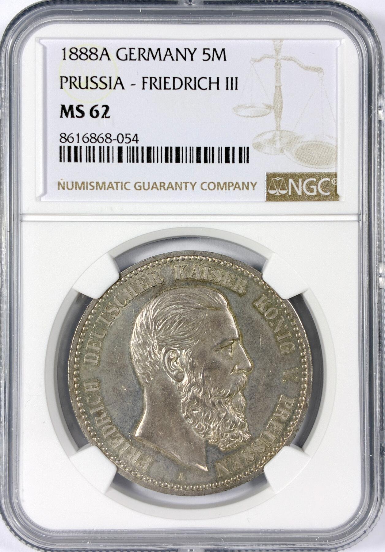 【雨安】【世界币章114期】2025-11-15 周六 19:30 保真 8秒倒数自动落锤 高效拍卖 [评级德国] Germany 德国 帝国 J.099 普鲁士 5马克 (1888) 三皇 1888年 NGC-MS62