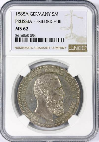 【雨安】【世界币章114期】2025-11-15 周六 19:30 保真 8秒倒数自动落锤 高效拍卖 - [评级德国] Germany 德国 帝国 J.099 普鲁士 5马克 (1888) 三皇 1888年 NGC-MS62