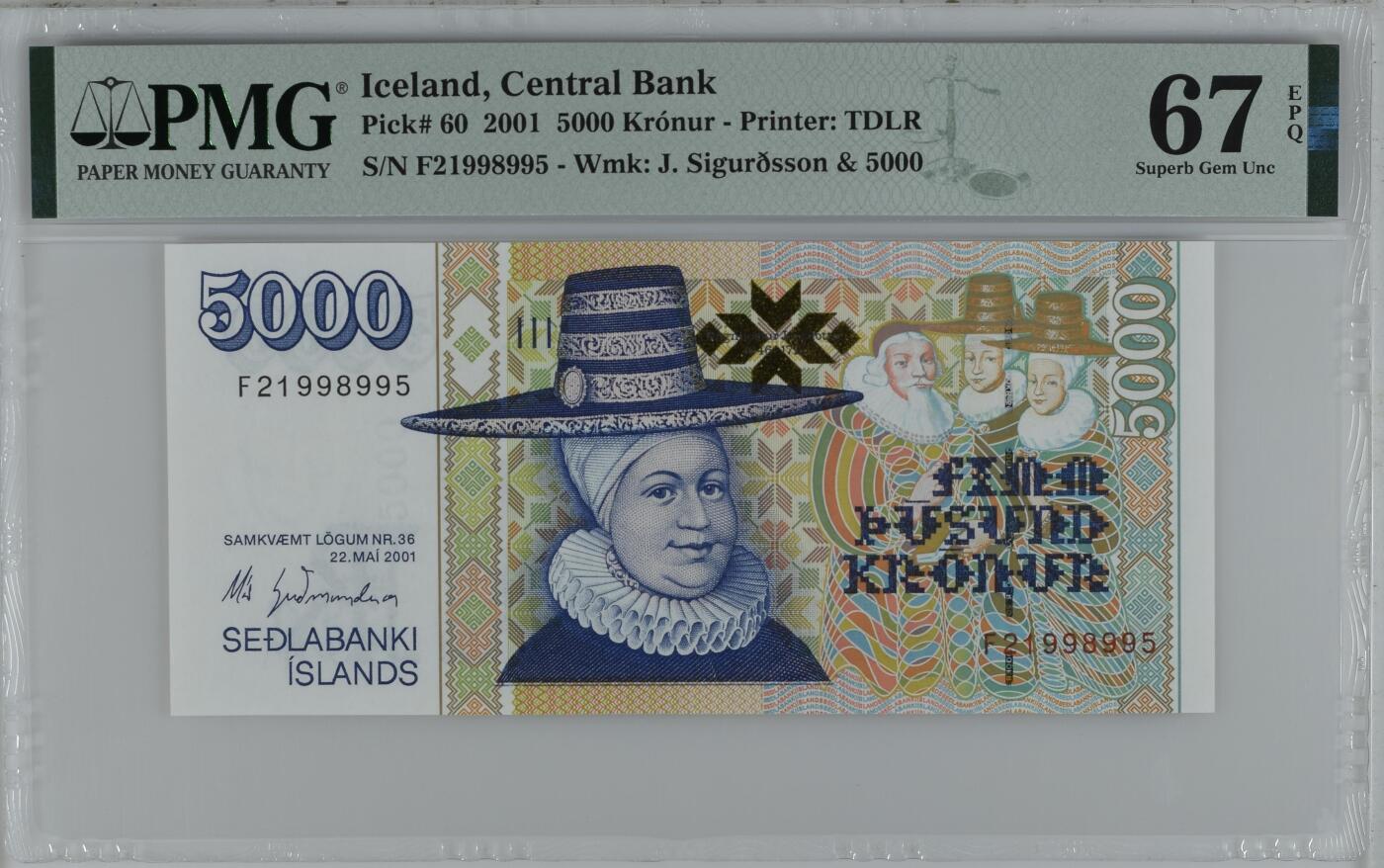《艾美收藏》第220期-11.16周日外币畅拍场 冰岛2001年首发F冠5000克朗PMG67E高分无347 神父的女儿 世界最美纸币之一