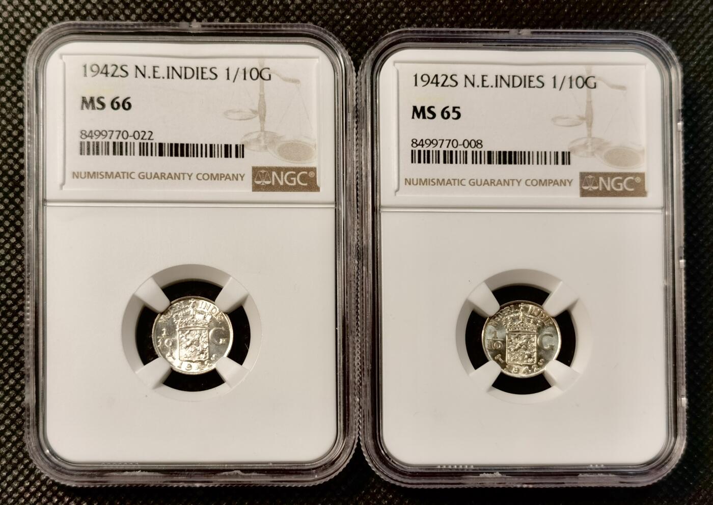 甄臻铺-世界币章拍卖（第39期）送拍享返佣金等优惠多多 NGC-MS66 1942年荷属东印度1/10盾MS66-65两枚一组，卷拆品相