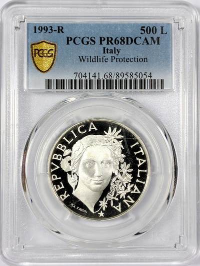 【雨安】【世界币章114期】2025-11-15 周六 19:30 保真 8秒倒数自动落锤 高效拍卖 - [评级现代] Italy 意大利 500里拉 1993年 保护野生动物 PCGS-PR68DCAM