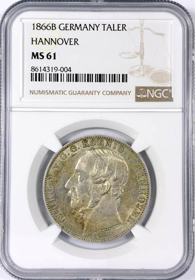 【雨安】【世界币章114期】2025-11-15 周六 19:30 保真 8秒倒数自动落锤 高效拍卖 - [评级德国] Germany 德国 德意志 1泰勒 Hannover汉诺威 Thun.174 KM#0230 格奥尔格五世.狮马 1866年 NGC-MS61