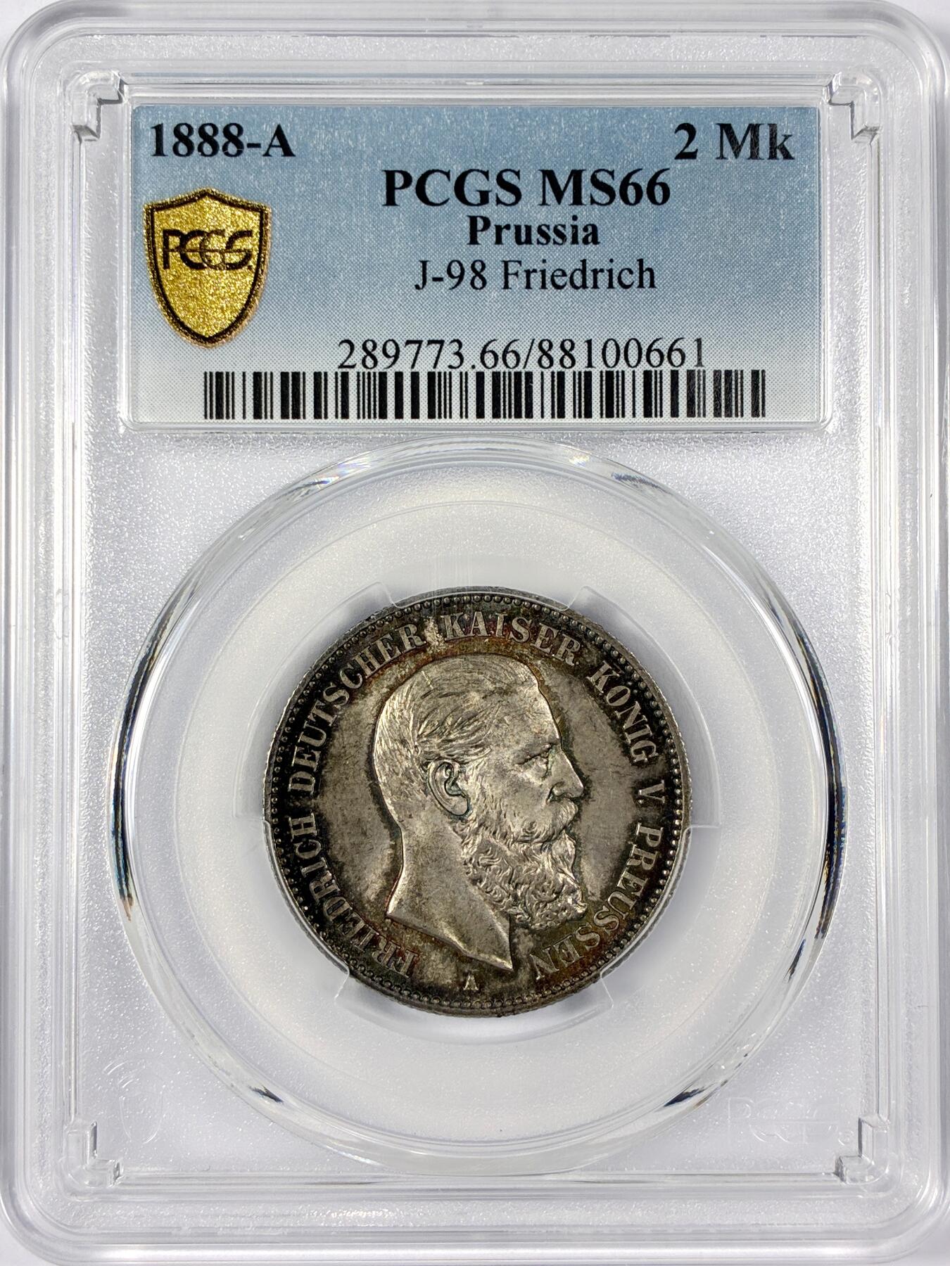 【雨安】【世界币章114期】2025-11-15 周六 19:30 保真 8秒倒数自动落锤 高效拍卖 [评级德国] Germany 德国 帝国 普鲁士 2马克 (1888) 三皇 1888年 PCGS-MS66