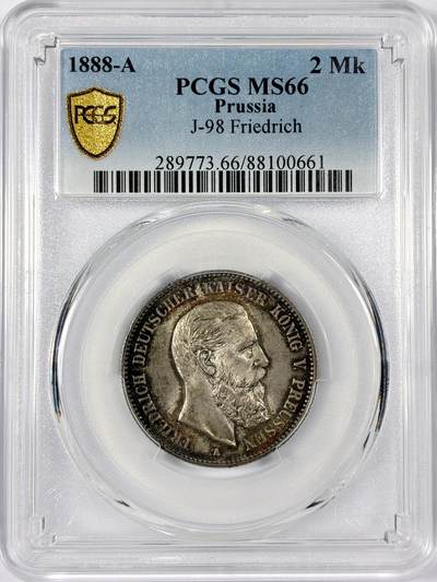 【雨安】【世界币章114期】2025-11-15 周六 19:30 保真 8秒倒数自动落锤 高效拍卖 - [评级德国] Germany 德国 帝国 普鲁士 2马克 (1888) 三皇 1888年 PCGS-MS66