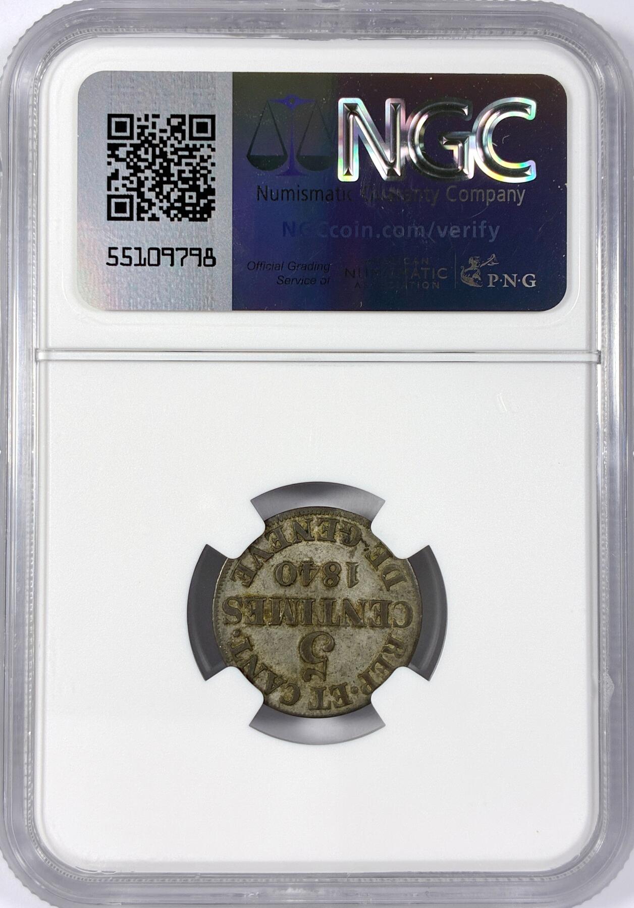 【雨安】【世界币章114期】2025-11-15 周六 19:30 保真 8秒倒数自动落锤 高效拍卖 [评级欧洲] Switzerland 瑞士 日内瓦 5分 1840年 NGC-AU50