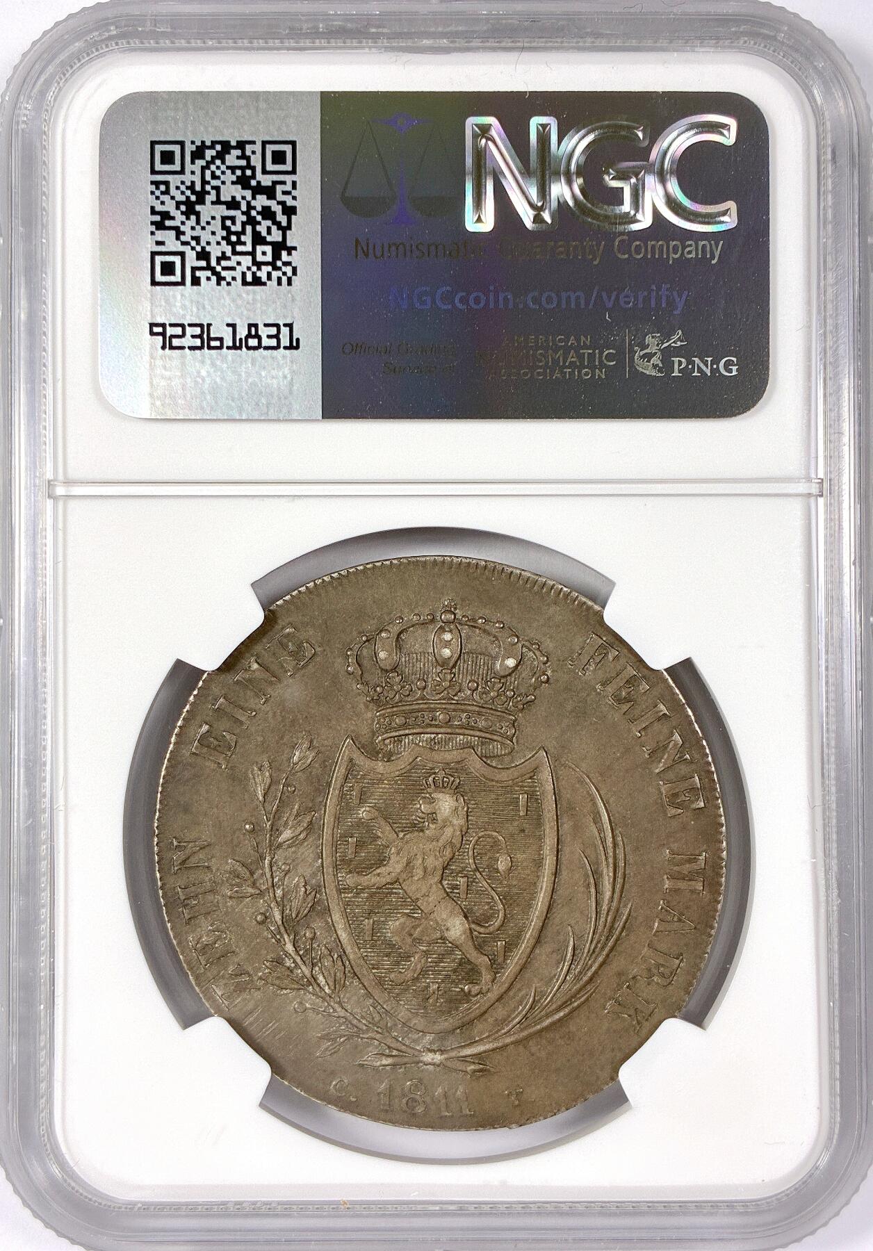 【雨安】【世界币章114期】2025-11-15 周六 19:30 保真 8秒倒数自动落锤 高效拍卖 [评级德国] Germany 德国 德意志 1泰勒 Nassau-Usingen拿骚 Thun.220 KM#0006 (1810-1815) 1811年 NGC-AU55