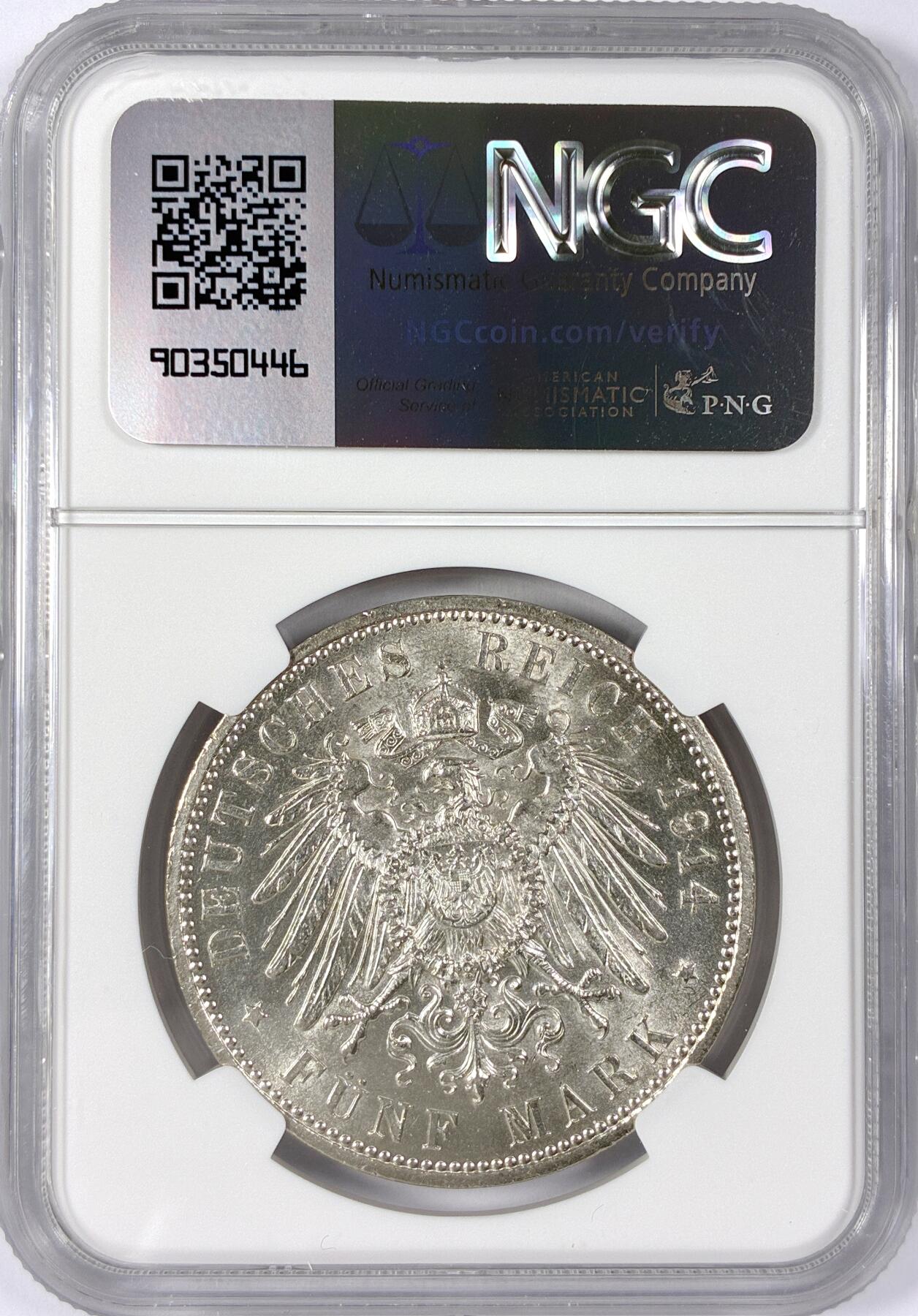 【雨安】【世界币章114期】2025-11-15 周六 19:30 保真 8秒倒数自动落锤 高效拍卖 [评级德国] Germany 德国 帝国 J.114 普鲁士 5马克 (1913-1914) 军装 1914年 NGC-MS62