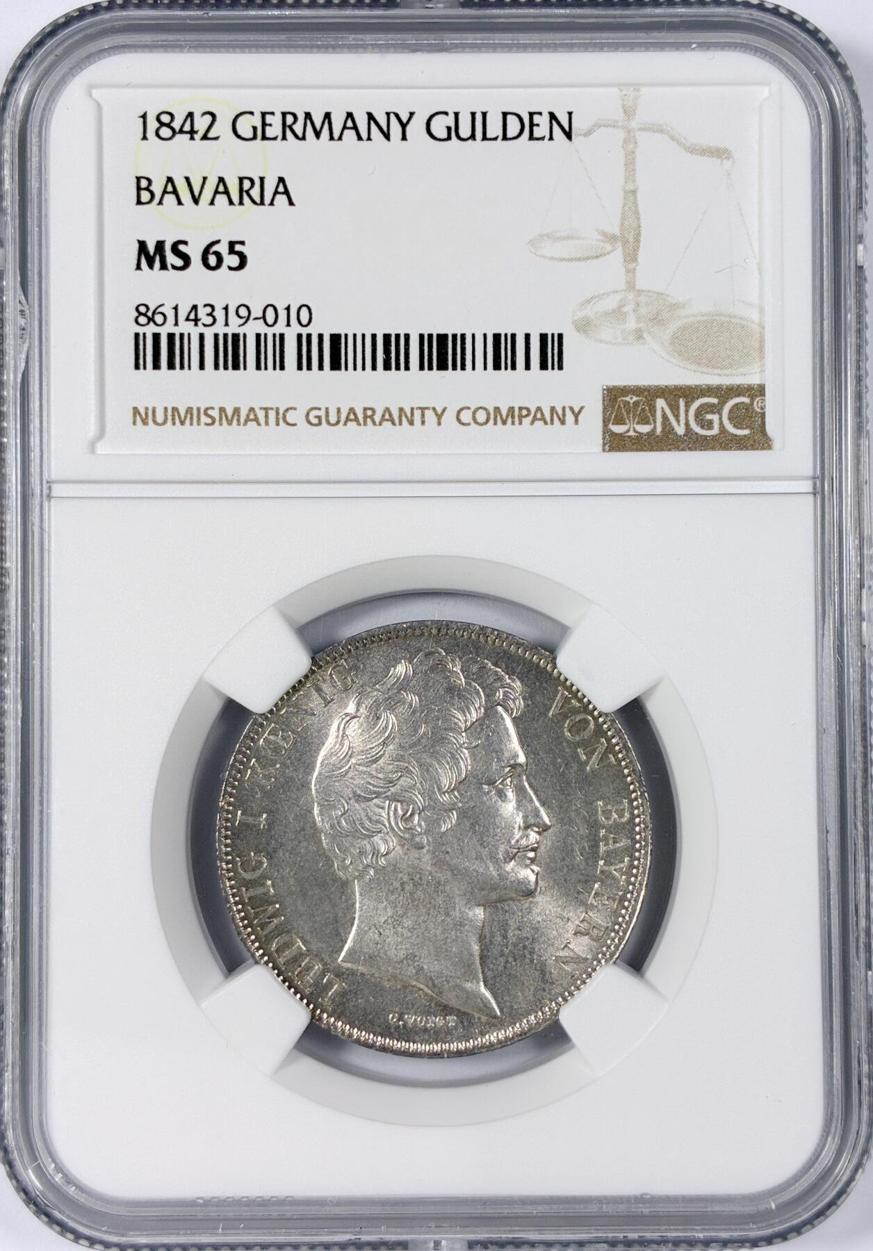 【雨安】【世界币章114期】2025-11-15 周六 19:30 保真 8秒倒数自动落锤 高效拍卖 [评级德国] Germany 德国 德意志 1盾 Frankfurt法兰克福 KM#0331 (1842-1855) 1842年 NGC-MS65 丝绸般粉光