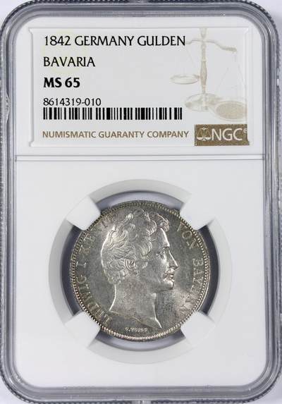 【雨安】【世界币章114期】2025-11-15 周六 19:30 保真 8秒倒数自动落锤 高效拍卖 - [评级德国] Germany 德国 德意志 1盾 Frankfurt法兰克福 KM#0331 (1842-1855) 1842年 NGC-MS65 丝绸般粉光