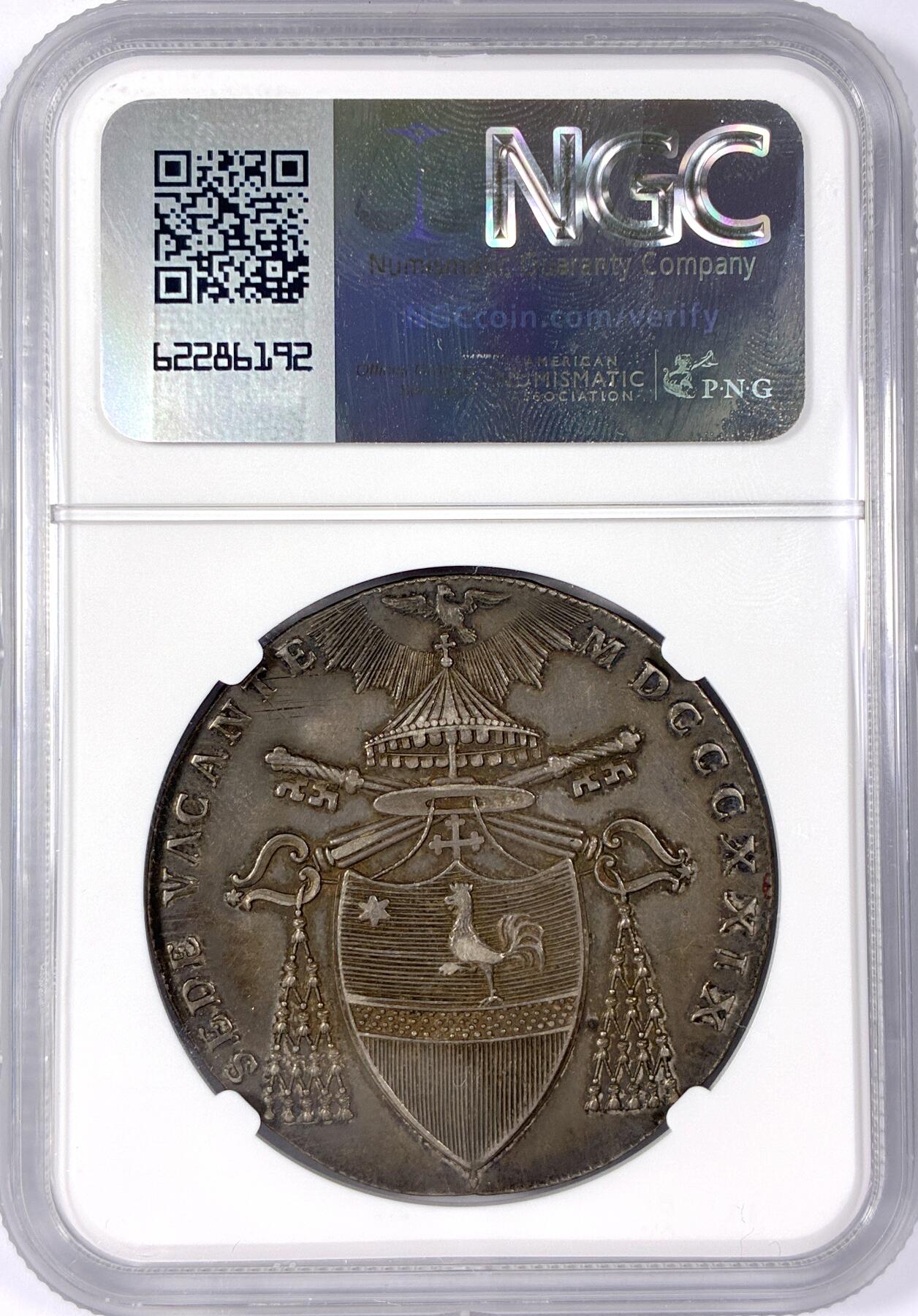 【雨安】【世界币章114期】2025-11-15 周六 19:30 保真 8秒倒数自动落锤 高效拍卖 [评级欧洲] Italy 意大利 Papal梵蒂冈 1斯库多 KM#1303 1829年 缺位 NGC-AU55 原味均匀老包浆