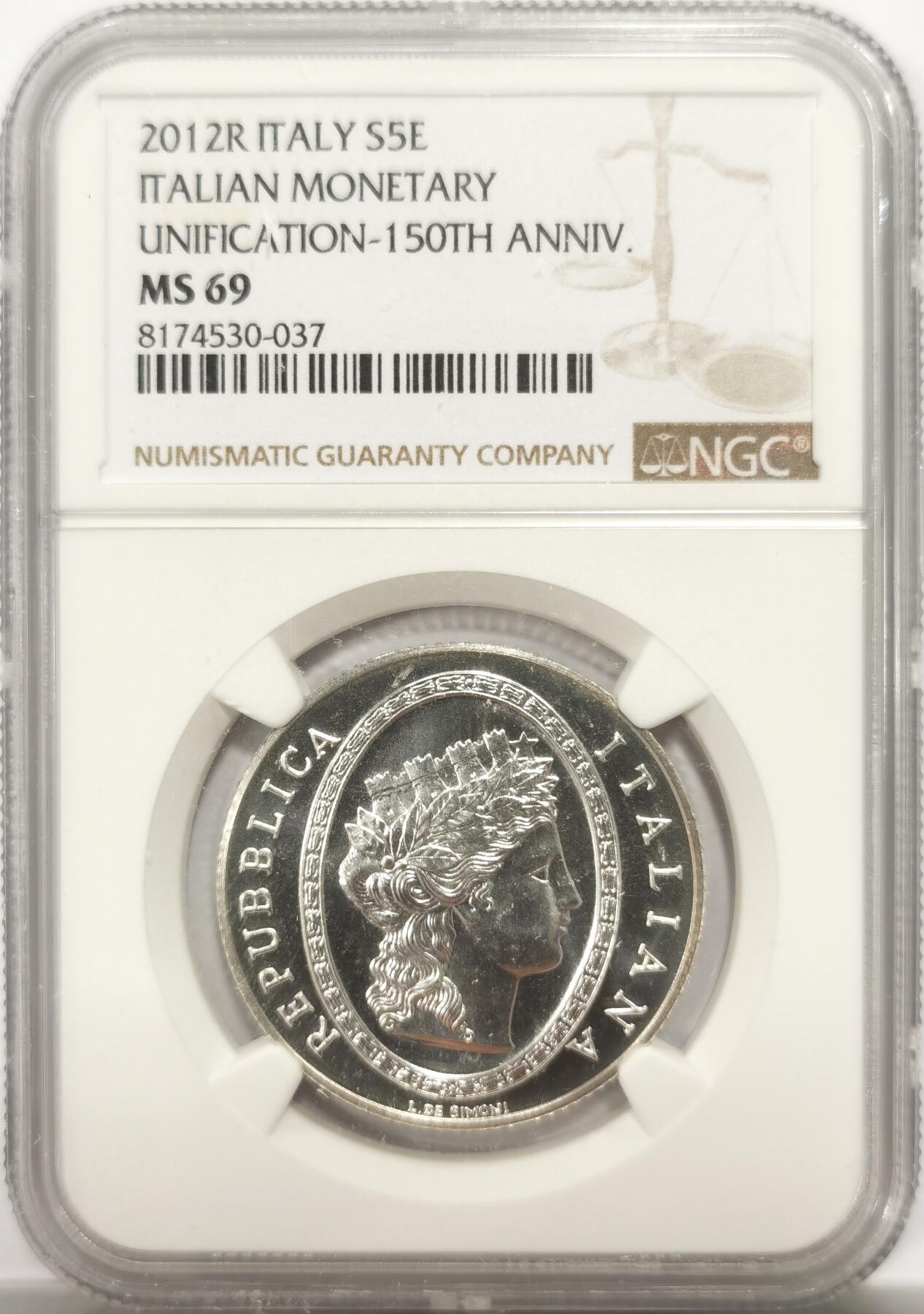 博洋堂世界钱币拍卖第146期（全场包邮） NGC MS69 意大利2012年发行的里拉的诞生（货币统一150周年）5欧元纪念银币（盒证齐全，限量7千枚）