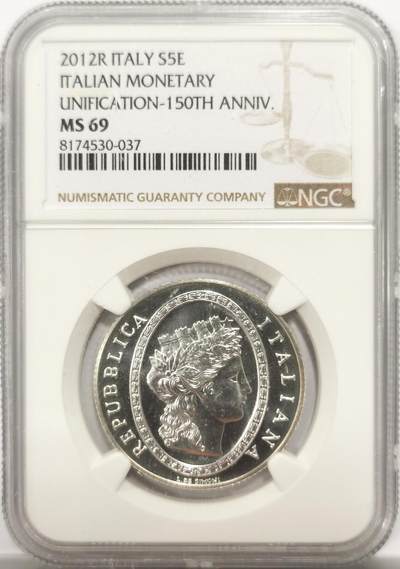 博洋堂世界钱币拍卖第146期（全场包邮） - NGC MS69 意大利2012年发行的里拉的诞生（货币统一150周年）5欧元纪念银币（盒证齐全，限量7千枚）