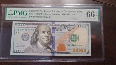 世界钱币～微拍第214期暨2025年第54期  双11评级币特惠拍 - 2017A美国100元 PMG66E 号码39488444 豹子号