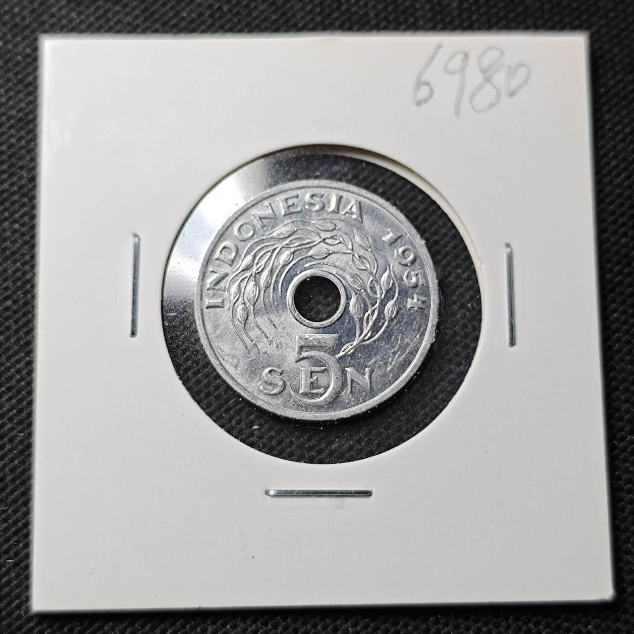 KK钱币收藏小铺  第369场  2月预留时间 周末发货  1954印度尼西亚5仙 好品