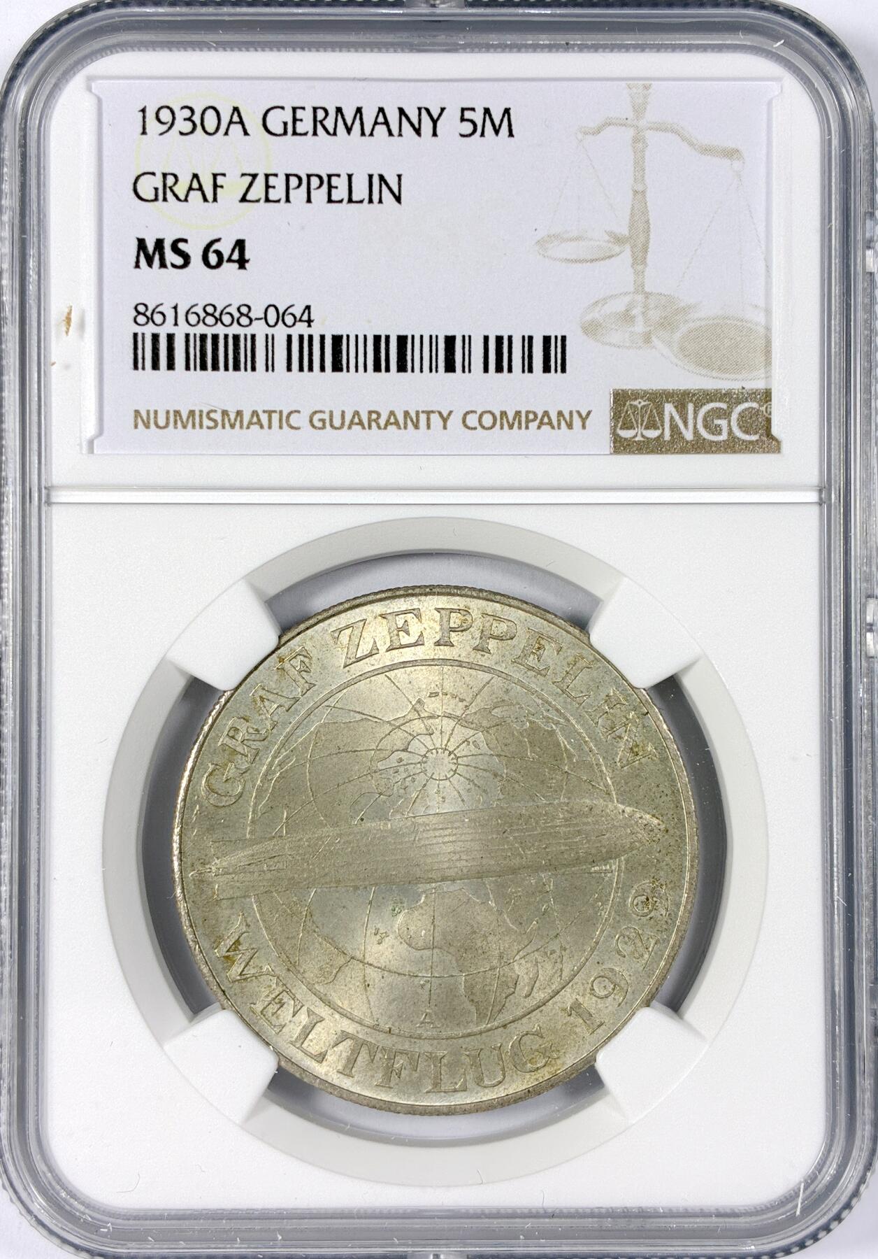 【雨安】【世界币章114期】2025-11-15 周六 19:30 保真 8秒倒数自动落锤 高效拍卖 [评级德国] Germany 德国 魏玛 5马克 KM#68 飞艇 1930年 NGC-MS64