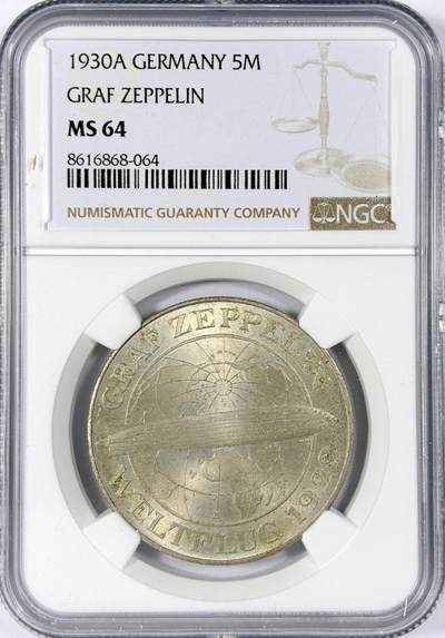 【雨安】【世界币章114期】2025-11-15 周六 19:30 保真 8秒倒数自动落锤 高效拍卖 - [评级德国] Germany 德国 魏玛 5马克 KM#68 飞艇 1930年 NGC-MS64