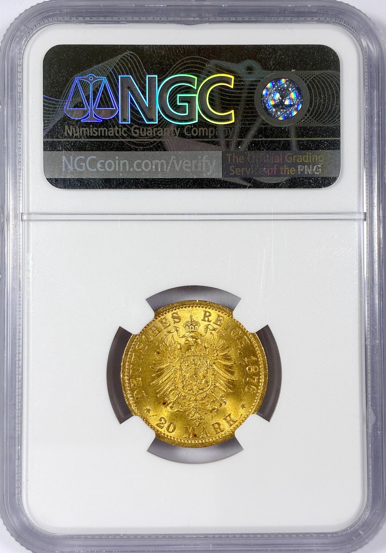 【雨安】【世界币章114期】2025-11-15 周六 19:30 保真 8秒倒数自动落锤 高效拍卖 [金币] Germany 德国 汉堡 20马克 1876年 短翅 NGC-MS64 短翅高分非常难得