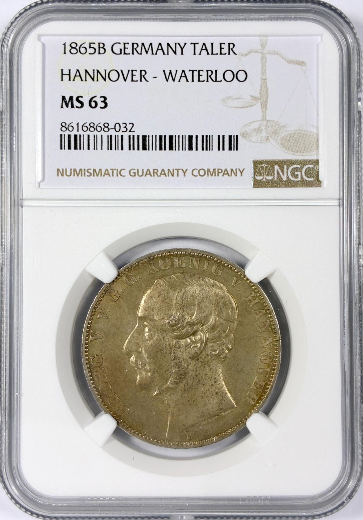 【雨安】【世界币章114期】2025-11-15 周六 19:30 保真 8秒倒数自动落锤 高效拍卖 [评级德国] Germany 德国 德意志 1泰勒 Hannover汉诺威 Thun.176 KM#0241 (1865) 滑铁卢 1865年 NGC-MS63