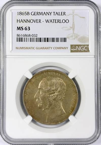 【雨安】【世界币章114期】2025-11-15 周六 19:30 保真 8秒倒数自动落锤 高效拍卖 - [评级德国] Germany 德国 德意志 1泰勒 Hannover汉诺威 Thun.176 KM#0241 (1865) 滑铁卢 1865年 NGC-MS63